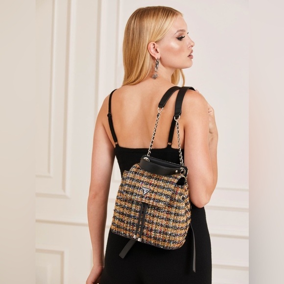 Women’s‎ GUESS convertible Cessily black and yellow Tweed Backpack purse bag - Picture 1 of 16
